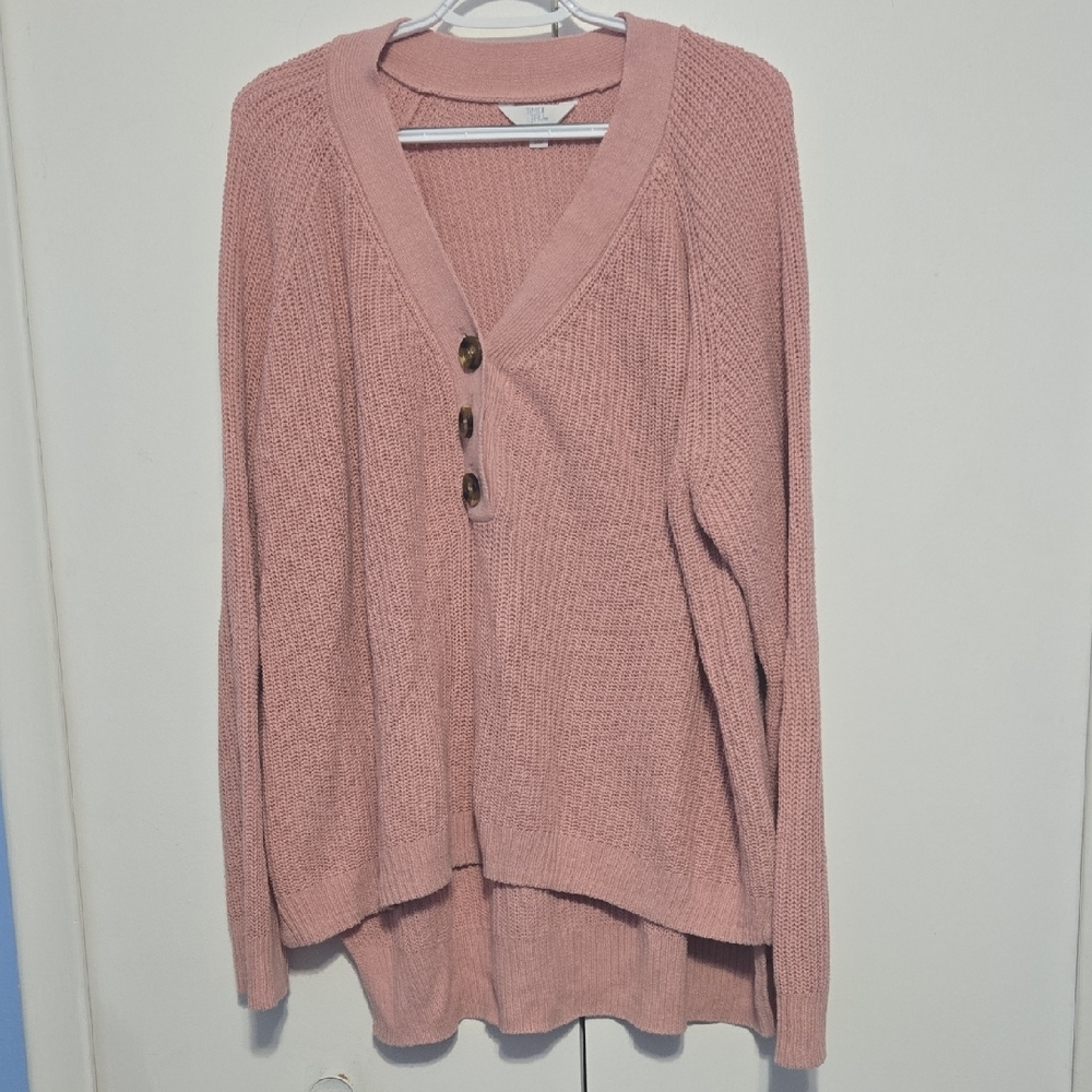 Pink V-Neck Buttoned Women Sweater